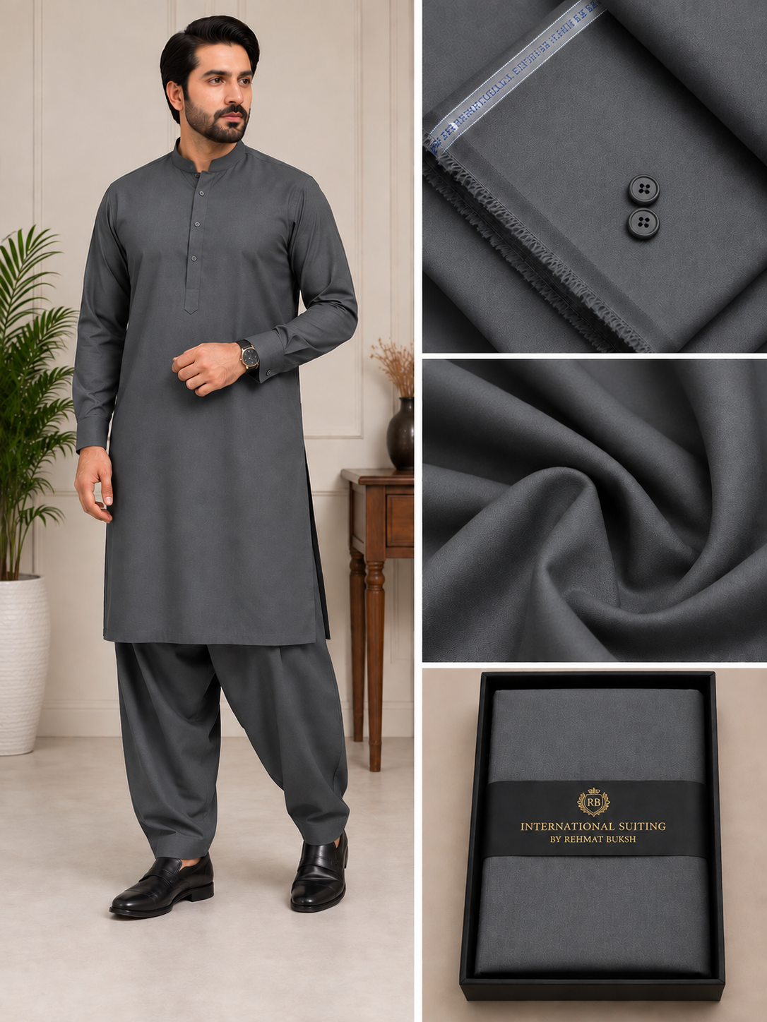 International Suiting Premium Charcoal Grey Unstitched Suit | Rehmat Buksh