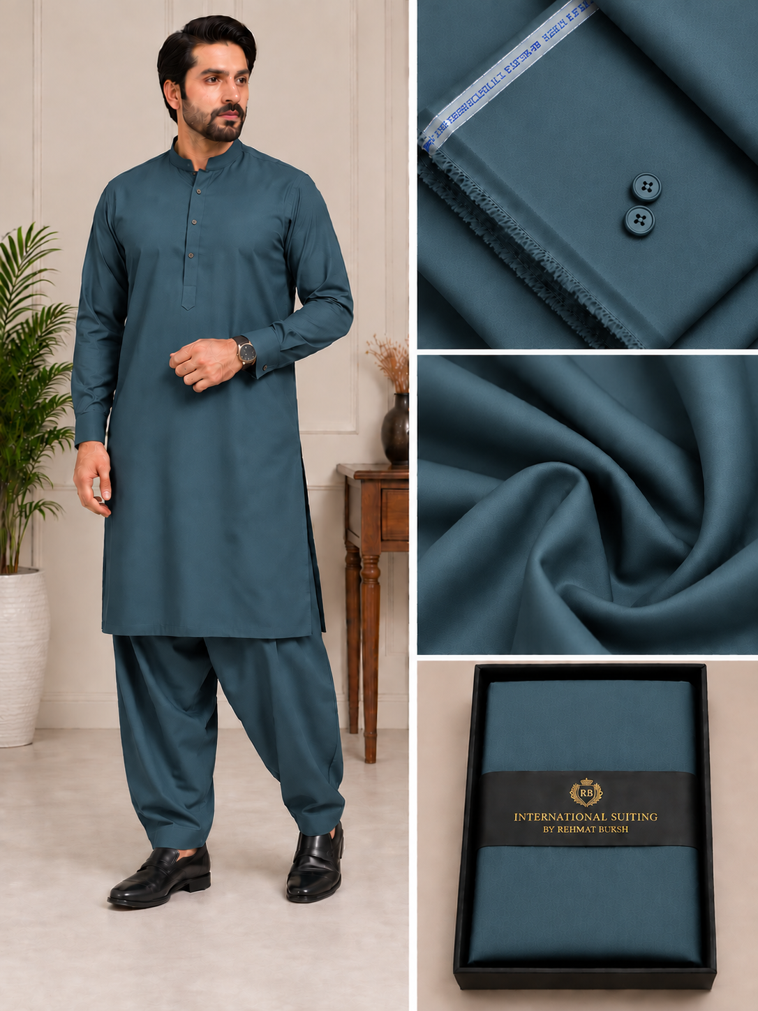 International Suiting Premium Deep Teal Unstitched Suit | Rehmat Buksh