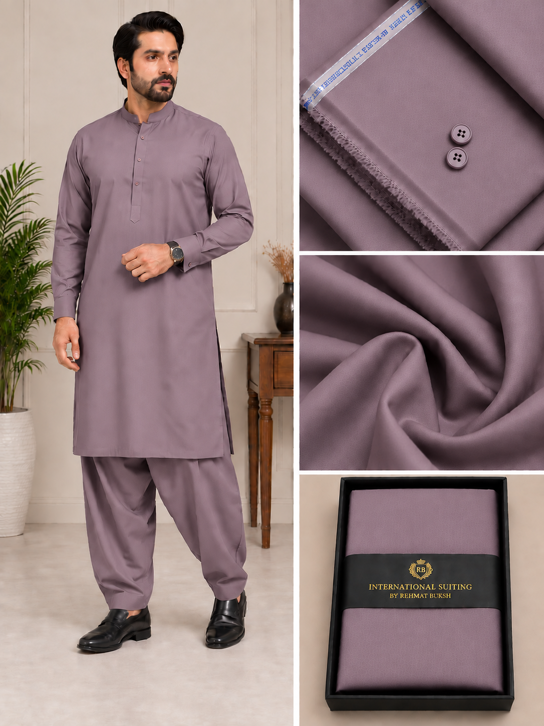 International Suiting Premium Mauve Unstitched Suit | Rehmat Buksh