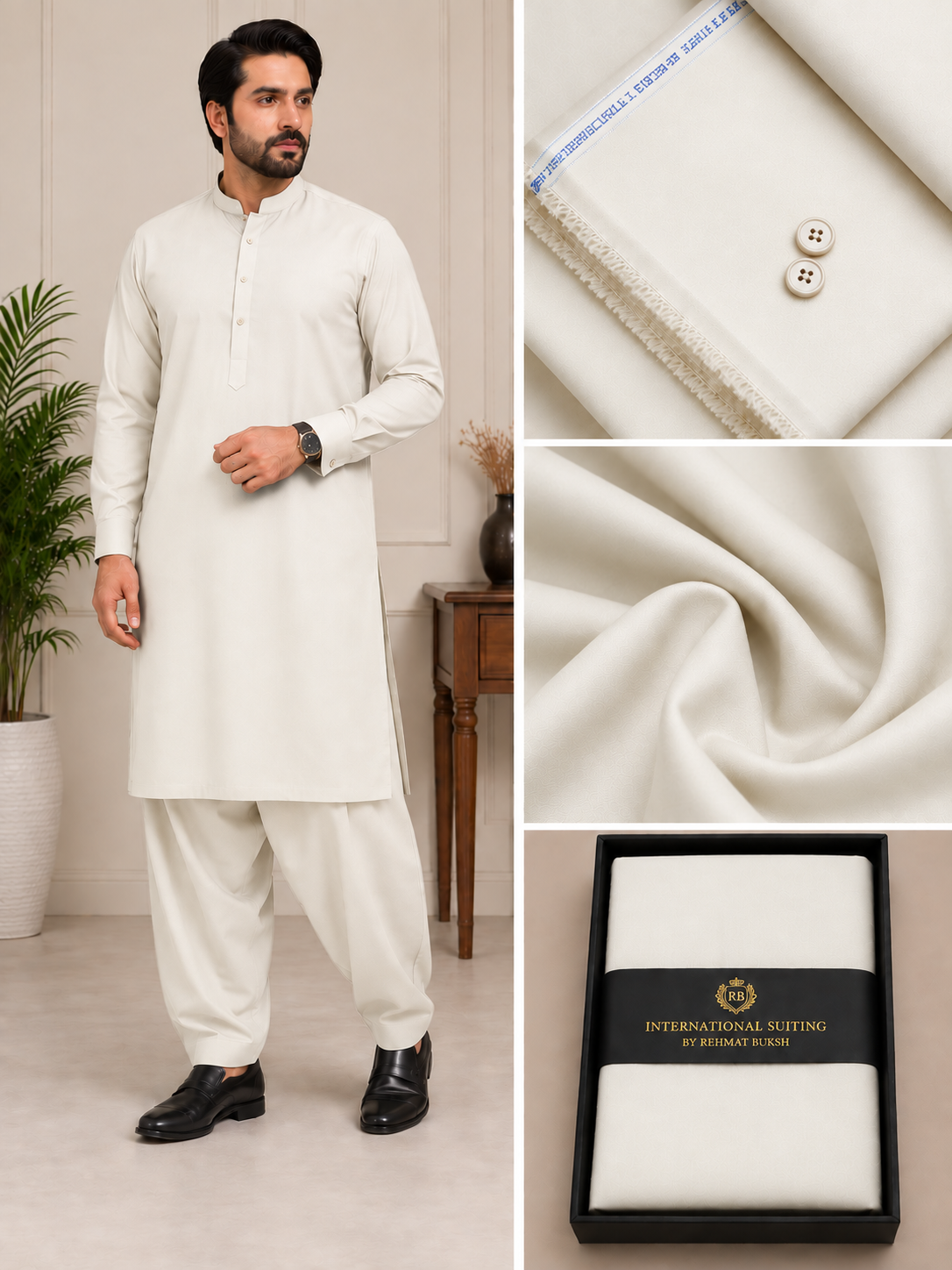 International Suiting Premium Off White Unstitched Suit | Rehmat Buksh