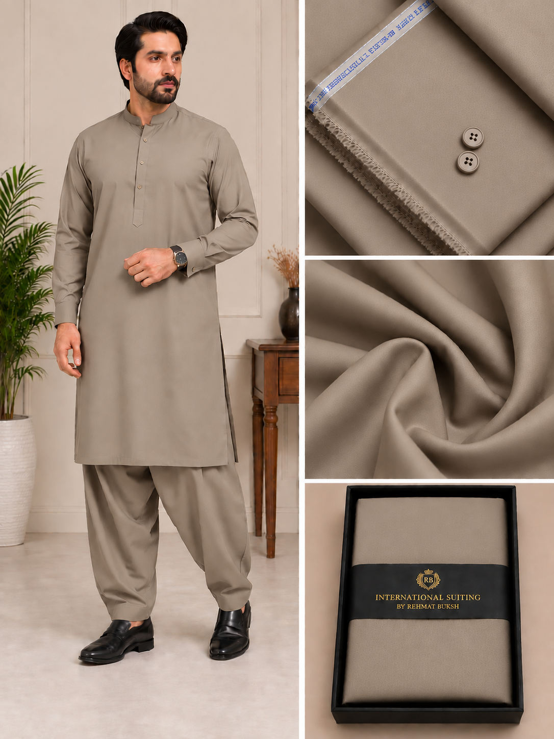 International Suiting Premium Taupe Unstitched Suit | Rehmat Buksh